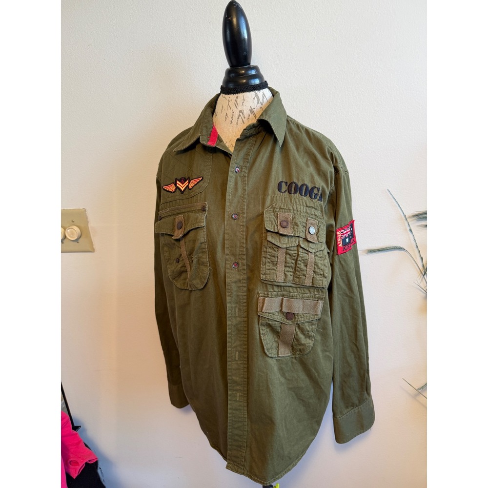 COOGI Mens Military Shirt Olive Green Long Sleeve Australia Patch Utility Large